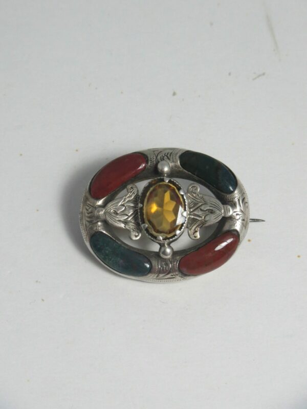 #2527 Solid Silver Scottish Citrine and Agate Brooch (1890)