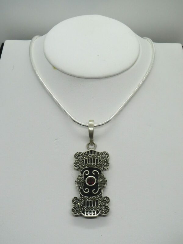 #3133 Solid Sterling Silver Black Onyx, Marcasite & Garnet Necklace