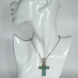 #3339 VINTAGE MODERNIST SOLID STERLING SILVER TURQUOISE CROSS NECKLACE