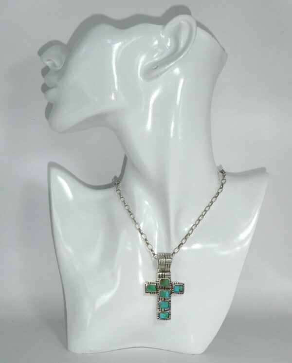 #3339 VINTAGE MODERNIST SOLID STERLING SILVER TURQUOISE CROSS NECKLACE