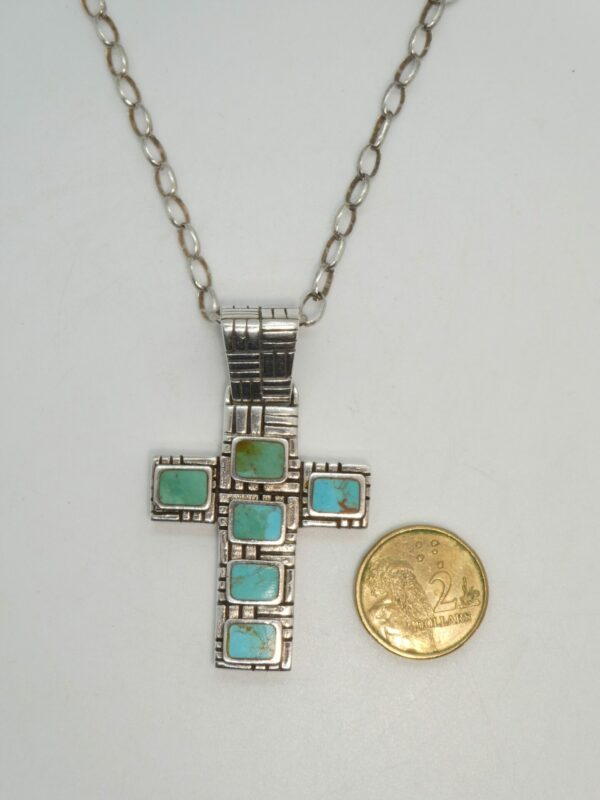 #3339 VINTAGE MODERNIST SOLID STERLING SILVER TURQUOISE CROSS NECKLACE - Image 2