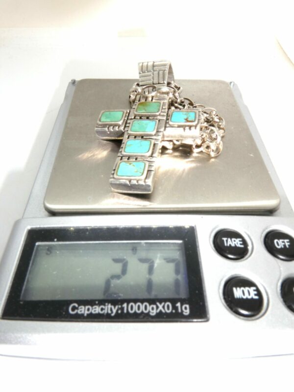#3339 VINTAGE MODERNIST SOLID STERLING SILVER TURQUOISE CROSS NECKLACE - Image 3