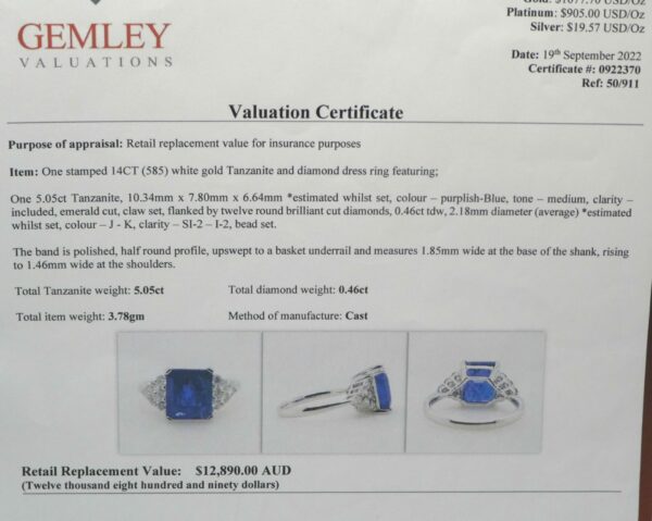#3893 14ct White Gold Tanzanite & Diamond Ring (Value: $12,890.00) - Image 3