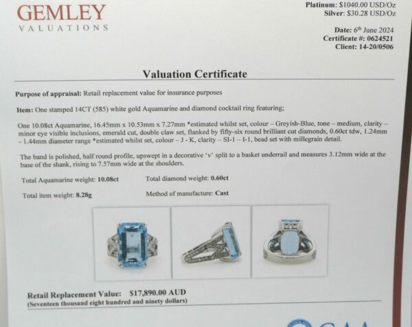 #3901 14ct White Gold Aquamarine & Diamond Ring (Value: $17,890.00) - Image 4