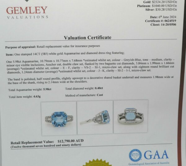 #3905 14ct White Gold Aquamarine & Diamond Ring (Value: $12,790.00) - Image 4