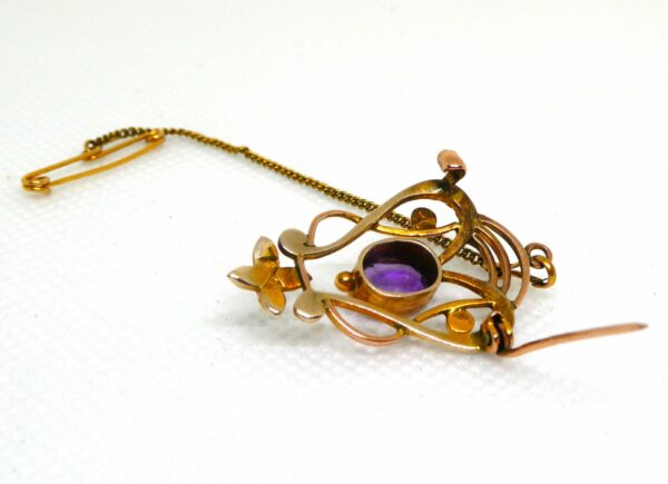 #3736 Antique Edwardian 9ct Yellow Gold Amethyst & Seed Pearl Brooch - Image 3