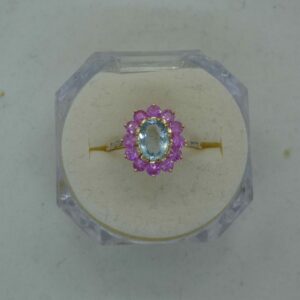 #3934 9ct Yellow Gold Aquamarine, Pink Topaz & Diamond Ring - Value: $3,490.00