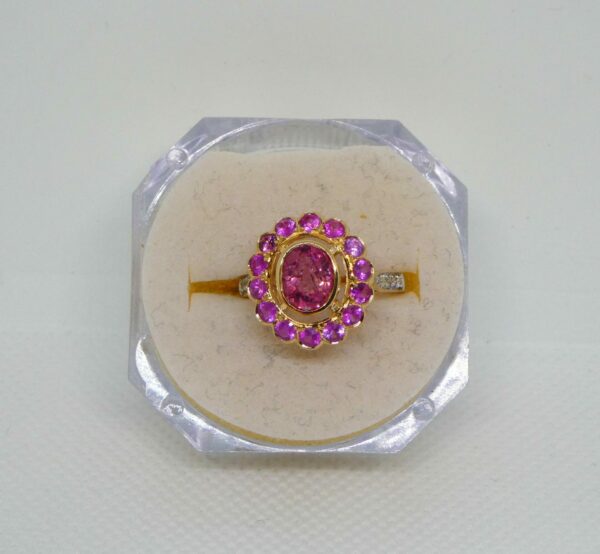 #3928 9ct Yellow Gold Tourmaline, Pink Sapphire & Diamond Ring - Value: $3,290.00