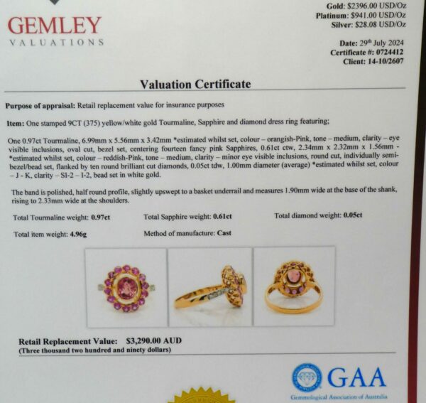 #3928 9ct Yellow Gold Tourmaline, Pink Sapphire & Diamond Ring - Value: $3,290.00 - Image 4