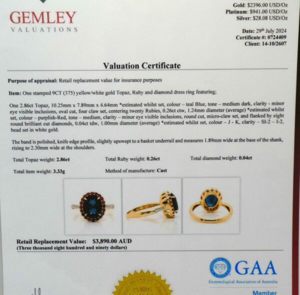 #3933 9ct Yellow Gold Topaz, Ruby & Diamond Ring - Value: $3,890.00 - Image 4