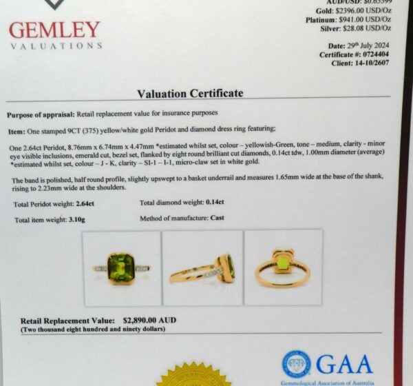 #3935 9ct Yellow Gold Peridot & Diamond Ring - Value: $2,890.00 - Image 4