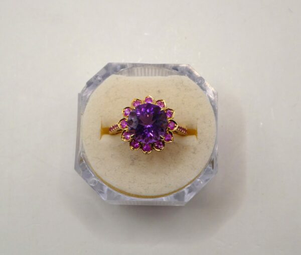 #3930 9ct Yellow Gold Amethyst, Pink Topaz & Diamond Ring - Value: $2,890.00