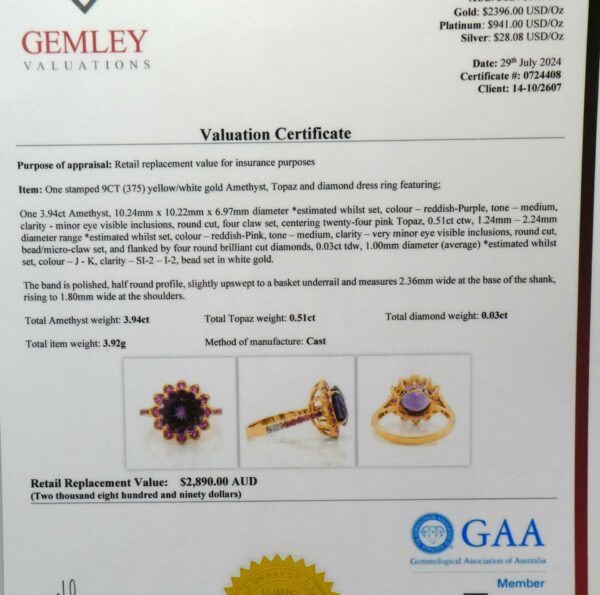 #3930 9ct Yellow Gold Amethyst, Pink Topaz & Diamond Ring - Value: $2,890.00 - Image 4