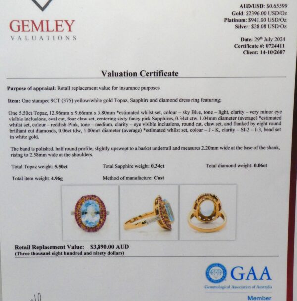 #3938 9ct Yellow Gold Topaz, Sapphire & Diamond Ring - Value: $3,890.00 - Image 4