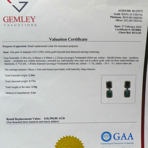 #3944 14ct White Gold Emerald & Diamond Earrings - Value: $10,390.00 - Image 4