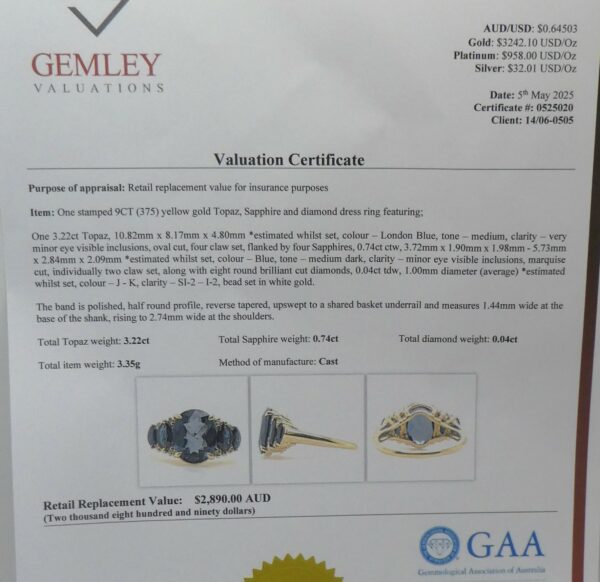 #3977 9ct Yellow Gold Topaz, Sapphire & Diamond Ring - Value: $2,890.00 - Image 4