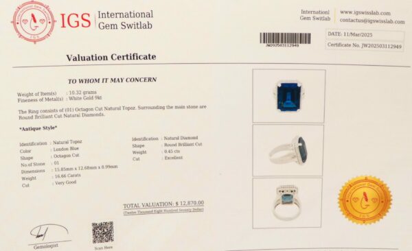 #3988 9ct White Gold London Blue Topaz & Diamond Ring (Value: $12,870.00) - Image 4